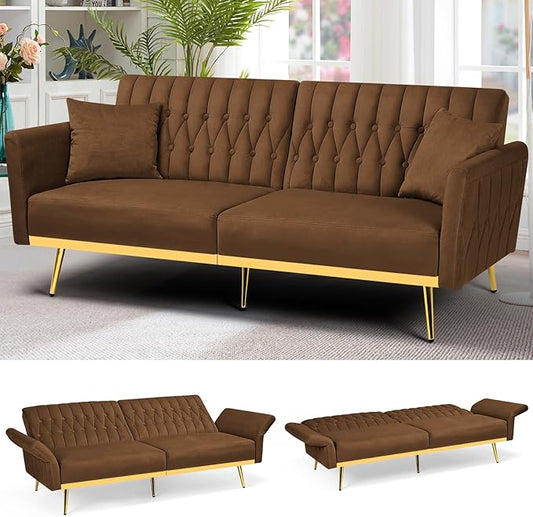 70” Velvet Futon Sofa Bed with 2 Pillows and Adjustable Armrests, Convertible Sleeper Bed W/Adjustable Backrests, Modern Loveseat for Living Room, Bedroom, Brown