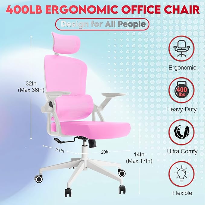 Ergonomic Office Chair - 400LB Comfy Desk Chairs with Adjustable Headrest and Lumbar Back Support, Mesh Computer Chairs with Wheels and Arms for Home Office, Study, Bedroom and Dorm (01pink)