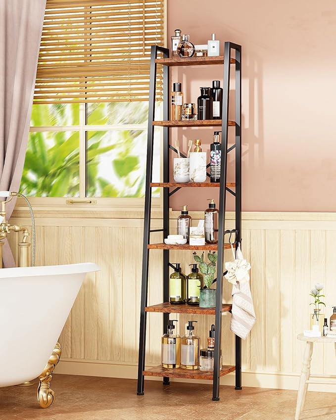 Furologee 6 Tier Ladder Shelf Bookcase, Tall Ladder Bookshelf Narrow with 2 Hooks, Industrial Metal Wooden Shelf Free Standing, Skinny Bathroom Shelves for Bedroom Living Room Kitchen, Rustic Brown