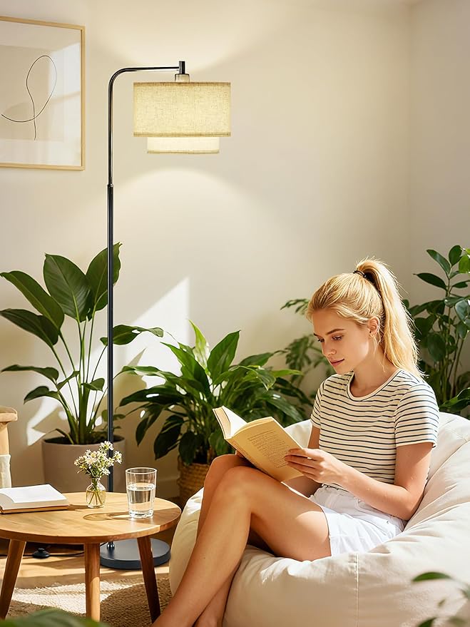 64" Modern Floor Lamp for Living Room Bedroom, Arc Floor Lamp with 3 Color Temperatures, Standing Lamp with Double Oatmeal Linen Lampshade, Tall Lamp with A19 12W LED Bulb, Foot Switch Control, Black