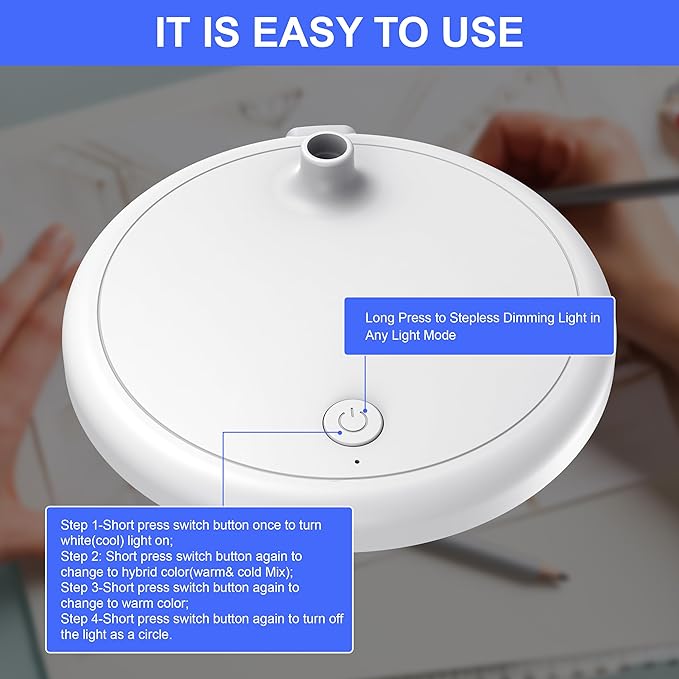 LED Desk Lamp for Home Office,3 Light Colors,Table Lamp,Dimmable Reading Light for Bedside Small Desk Lamp for College Dorm Room,Bedroom Desk Light,White