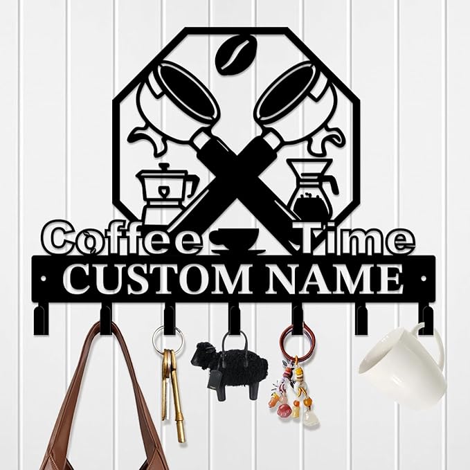 Coffee Bar Keys Holder - Metal Iron Wall Hooks with Custom Name | Personalized Home Decor & Gift Idea | Coffee-Themed Text Engraving Design (Style I)