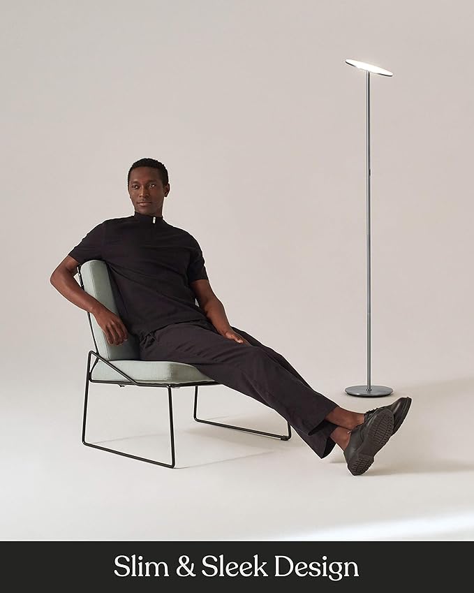 Brightech Sky LED Floor lamp, Torchiere Super Bright Floor Lamp for Living Rooms & Offices - Dimmable, Tall Standing Lamp for Bedroom Reading - Platinum Silver