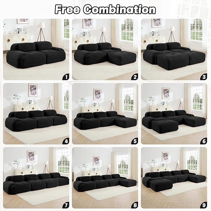 116" Modern Compressed Boneless Couch with Ottoman, 3 Seater Large L Shaped Sectional Couches for Living Room, Black Corduroy Cloud Modular Sectional Sofa, Memory Foam, Extra Deep, No Assembly