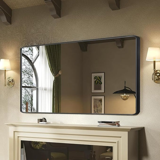 Black Framed Mirrors for Bathroom,60 x 30 Inch Rounded Conner Rectangle Mirror for Wall, Matte Black Vanity Mirror with Tempered Glass,Anti-Rust,Hangs Horizontally or Vertically