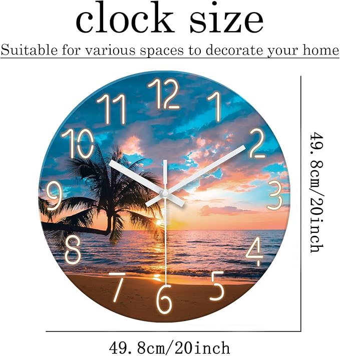 XFM Blue Beach Wall Clocks Battery Operated 20 Inch Palm Tree Silent Wall Clock Sunset Glass Coastal Wall Clock for Living Room Bedroom Kitchen Office