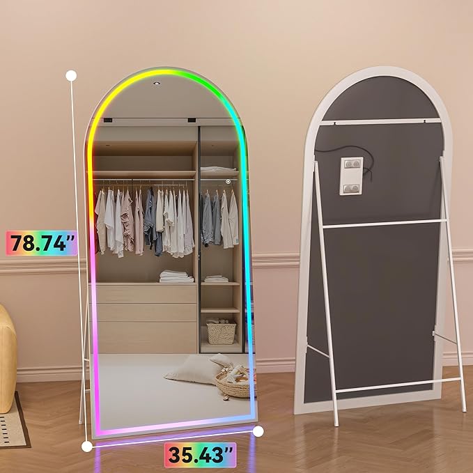 Hasipu 78.7" x 35.4" Arch LED RGB Bluetooth Full Length Mirror with Stand ＆ 7 Color Lighting Modes, Full Body Mirror with White Frame for Bedroom, Living Room, Dressing Room