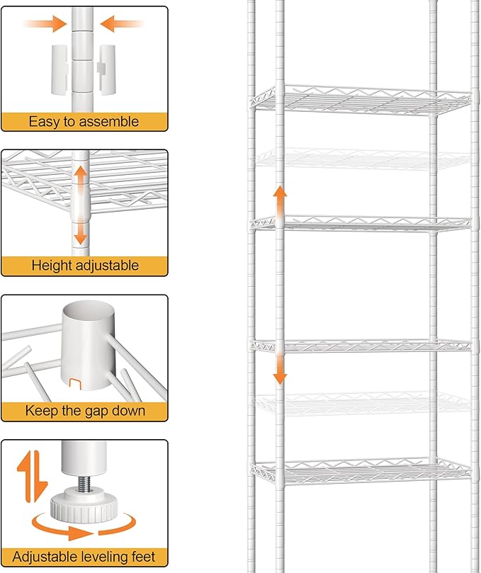 HOMEFORT 6-Shelving Unit, Adjustable Wire Shelving, Metal Wire Shelf Rack Organizer for Kitchen, Pantry, Closet, Bathroom, Laundry, White, 21" W x 11" D x 69" H