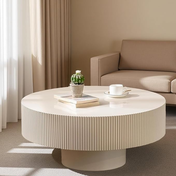 Round Drum Coffee Table White Round Fluted Coffee Table Circle Center Table Pedestal End Table for Apartment (Cream White)