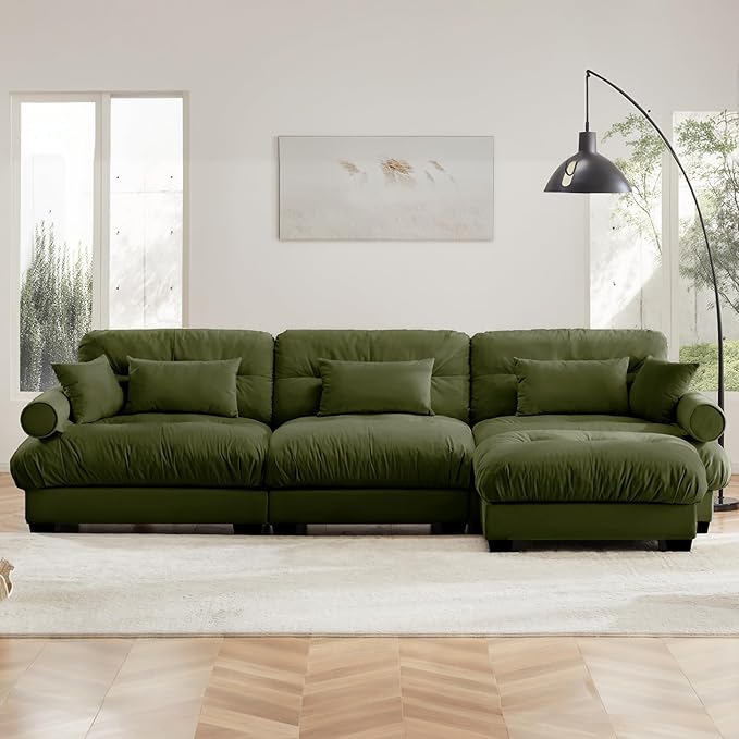 130"Oversized Couch, 3 Seater Modular Sectional Sofa, Olive Green Large L Shaped Sectional Couches for Living Room, Fluffy Couch Set, 3 Seater, Velvet Cloud Couches with Ottoman, Sofas for Living Room