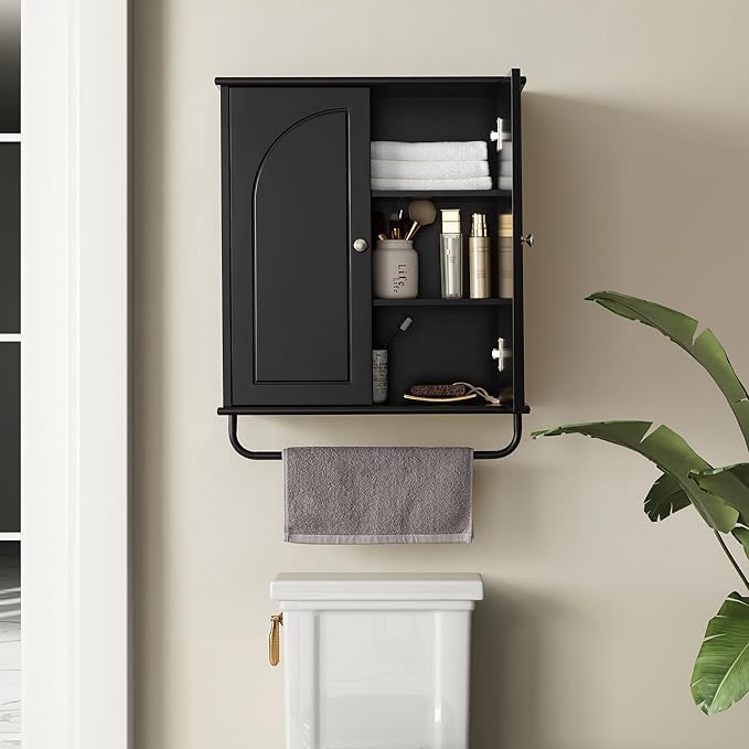 Bathroom Storage Cabinet with Adjustable Wood Shelves, Unique Arched Groove Design On The Door, Wall Mounted with Towels Bar, Over The Toilet Storage Cabinet with DTC Silent Buffering Hinge