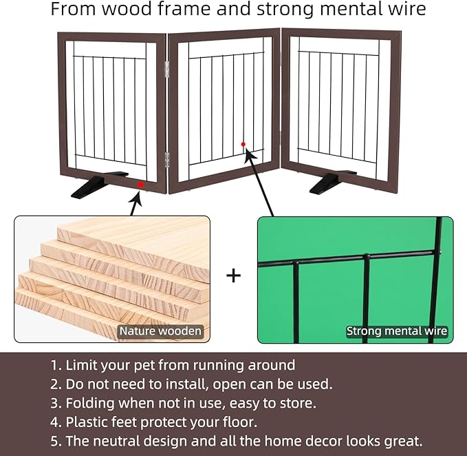 ZJSF Freestanding Dog Gate Indoor, Foldable Dog Fence for Doorways,Hallways or Stairs, Sturdy Wood Extra Wide Pet Gate with Support Feet,Brown,24 "Height-3 Panels