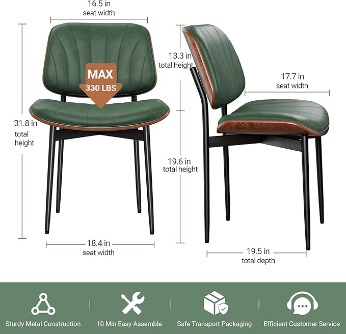 Dining Chairs Set of 2, Mid-Century Modern Upholstered PU Leather Chairs with Walnut Bentwood Back and Metal Legs Adjustable Feet for Kitchen Dining Room, Dark Green Shell Strips