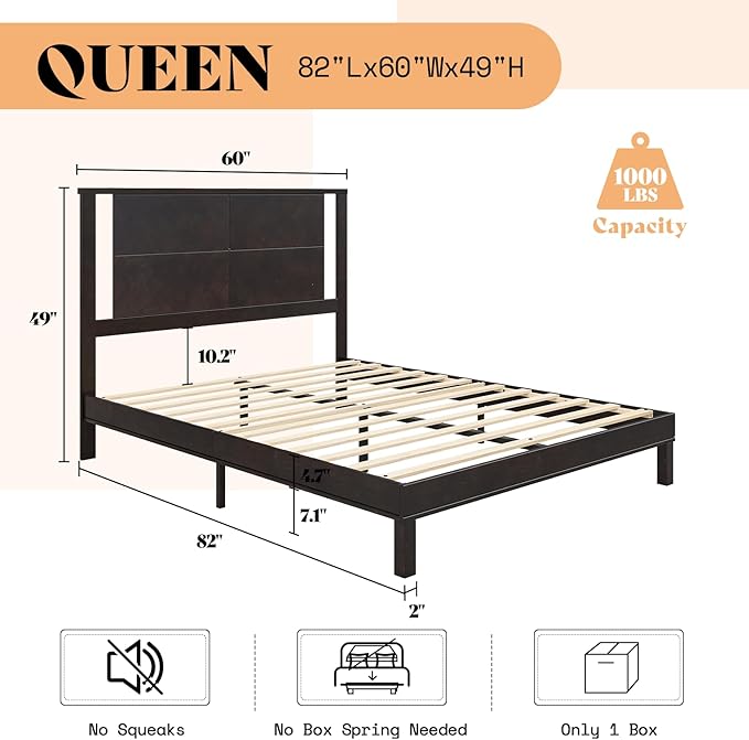AMERLIFE Solid Wood Queen Size Bed Frame with Headboard, Rustic Style Platform Bed Frame with Under-Bed Storage, No Box Spring Needed, Noise Free, Easy Assembly, Dark Brown