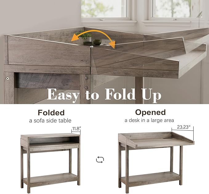 Console Table with Charging Station, 38” Narrow Side Foldable Sofa Table with Shelves, Side Table with Charging, Entryway Table with Anti-Tip Design,Rustic,Rustic Gray