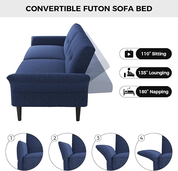 89” Futon Sofa Bed,Comfy Futon Couch Bed with 2 Square Pillows,Convertible Sleeper Sofa with Adjustable Backrest& Armrests, Modern Loveseat Sleeper for Living Room, Bedroom, Linen Blue