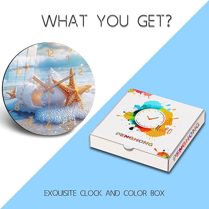 Oversized Beach Wall-Clock 24 inch Blue Round Silent Clocks Battery Operated Wooden Coast Wall Clock for Kitchen, Office, Living Room Wall Decor