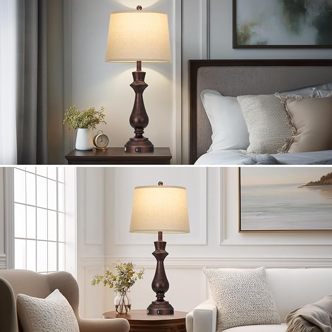 Vintage Table Lamps Set of 2 for Living Room,30" Tall Bedside Lamp with USB Charging Port,3-Way Dimmable Touch Nightstand Lamp for Bedroom Desk Side Table Office,Brown
