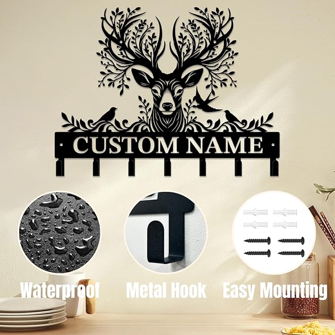 Personalized Custom Name Forest Deer Wall Keys Hooks,Metal Forest Deer Art Clothes Hooks,Metal Forest Deer Wall Home Storage Decorative,For Front Door, Hallway, Kitchen, Bedroom,Keys,Hats (Style K)