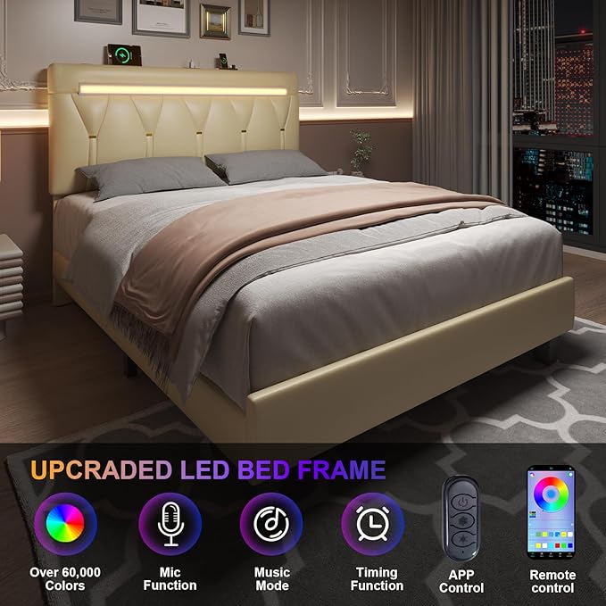 Queen Size Bed Frame with Bluetooth Speaker, LED Lights and Charging Station, Faux Leather Linen Fabric Adjustable Headboard,Modern Upholstered Bed, Wood Slat Support, Beige