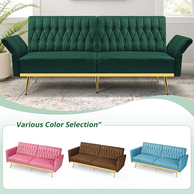 70” Velvet Futon Sofa Bed w/Adjustable Backrests and Armrests, Convertible Futon Couch with 2 Pillows, Modern Tufted Sleeper Bed for Living Room, Bedroom,Green