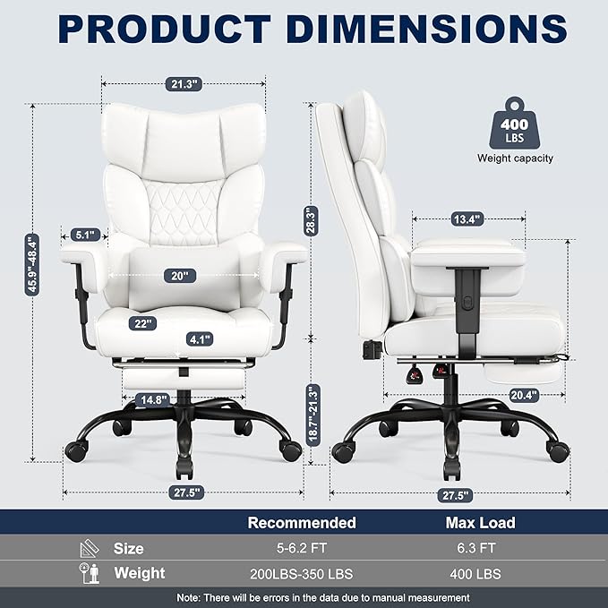 Misolant Big and Tall Office Chair with Footrest, High Back Executive Desk Chair with Adjustable Lift Armrest, 155°Recline，Lumbar Support Pillow, Faux Leather Gaming Chairs for Home or Office White