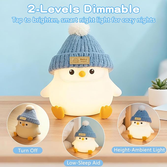 Penguin Lamp with Knit Hat,Adorable Penguin Night Light,Safe Soft Silicone,Dimmable Nursery Nightlight,LED Squishy Animal Lamp,Room Decor,White Elephant Gifts,Christmas Gifts for Kids /Boys Girls Baby
