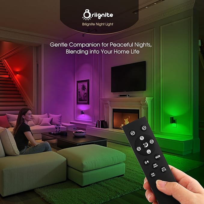 Briignite Night Lights Plug into Wall, 1 Pack 11-Color Changing Night Light with 1 Remote Control, 3000K+6000K+RGB LED Nightlight for Kids with Light Sensor, 0-100 LM Adjustable for Bedroom, Stairway