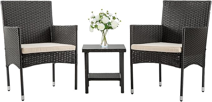 FDW | 3-Piece Patio Furniture Set | Black | Outdoor Wicker Furniture with Coffee Table | Modern Rattan Chairs Conversation Set | Outdoor Seating | Weather-Resistant | for Porch, Garden, Lawn
