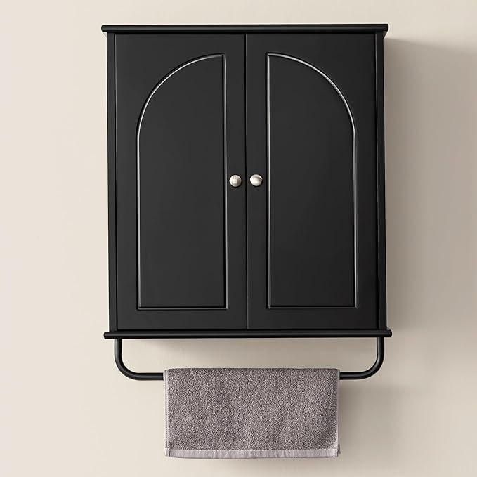 Bathroom Storage Cabinet with Adjustable Wood Shelves, Unique Arched Groove Design On The Door, Wall Mounted with Towels Bar, Over The Toilet Storage Cabinet with DTC Silent Buffering Hinge