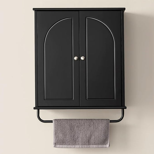Bathroom Storage Cabinet with Adjustable Wood Shelves, Unique Arched Groove Design On The Door, Wall Mounted with Towels Bar, Over The Toilet Storage Cabinet with DTC Silent Buffering Hinge