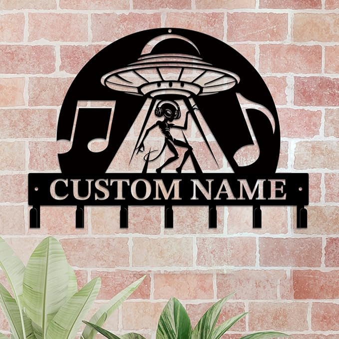 Personalized Custom Alien ET UFO Metal Wall Keys Hooks,Clothes Hooks Alien ET UFO Art Coat Racks,Door Holder,Black Alien ET Decorations for Home,Entrance Doors,Hallway, Bedroom,Keys,Hats (Style L)