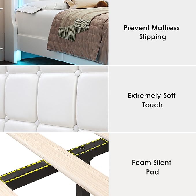 Keyluv Upholstered Queen Floating Bed Frame with LED Lights and Charging Station, Pu Leather Platform Bed with Button Tufted Storage Headboard, Type-C & USB Charging Ports, No Box Spring Needed, White
