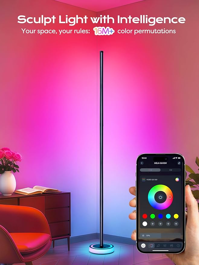 Smart Corner Floor Lamp, RGBICW LED Standing Lamp with App Control, 16 Million Colors with Music Sync, Dimmable Ambient Light for Bedroom, Living Room, Home Decor (Black)