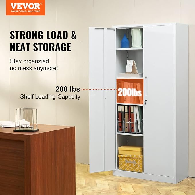 VEVOR Metal Storage Cabinet, Steel Locking Storage Cabinet with 2 Magnetic Doors and 4 Adjustable Shelves, 71'' Metal Cabinet 200 lbs Capacity per Shelf with 3 Keys, for Garage, Office, Home, White