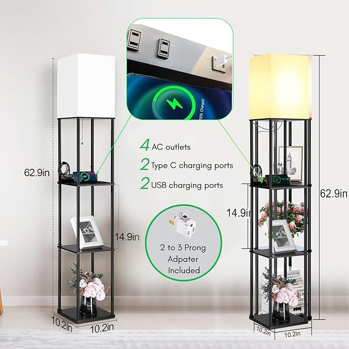 2 Packs Floor Lamp w. Shelves Including 2AC Outlets & 2USB Ports 9W LED Light Bulb 3 Color Temperature Soft/Cool/Daylight White w. 1PC 2 Prong to 3 Prong Adapter for Living Room/Bedroom