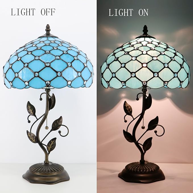 Tiffany Lamp Stained Glass Table Lamp Desk Bedside Reading Light 12X12X19 Inches with Metal Leaf Base(Sea Blue Beads)