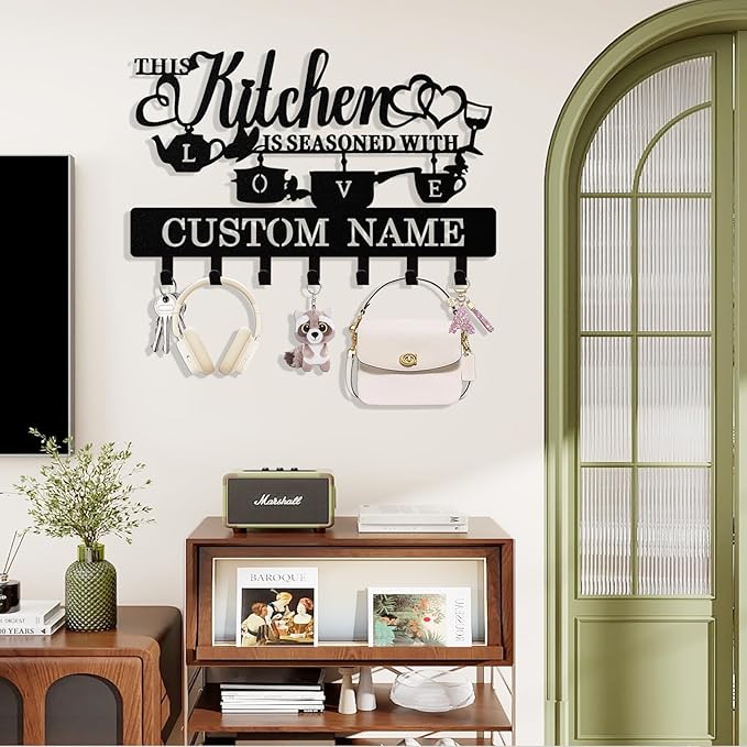 Personalized Key Holder Wall Mount, Custom Kitchen Theme Metal Keys Holder for Wall with Name, Wall Key Hanger Rack with Hooks for Entryway, Front Door, Living Room, Kitchen, Bathroom, Garden