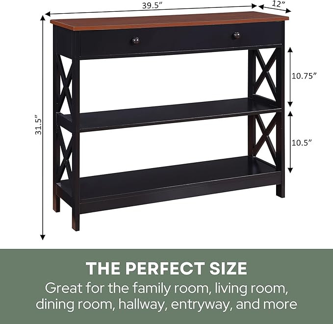 Convenience Concepts Oxford 1 Drawer Console Table with Shelves, Cherry/Black