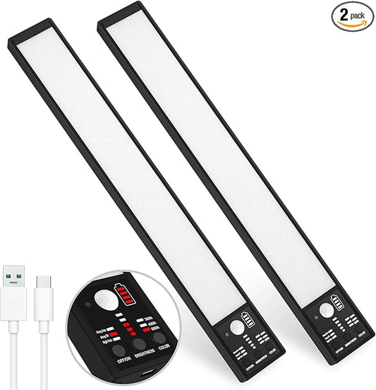 YELKO Motion Sensor Cabinet Lights, 3200mAh Battery Operated Closet Light, Portable Rechargeable Motion Lights, 3 Colors, 5 Brightness Adjustable Motion Lamp for Kitchen Wardrobe Cupboard(Two Pack)