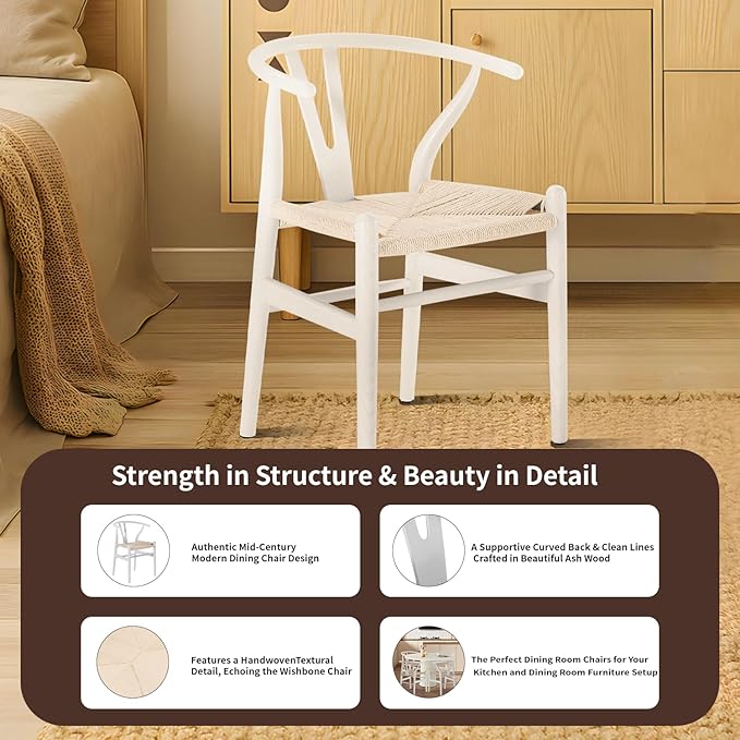 Tomile Wishbone Chair Y Chair, Wooden Dining Chairs Set of 2, Mid Century Modern Chairs with Arms, Solid Wood Weave Seat Kitchen & Dining Room Chairs (Ash Wood - White)