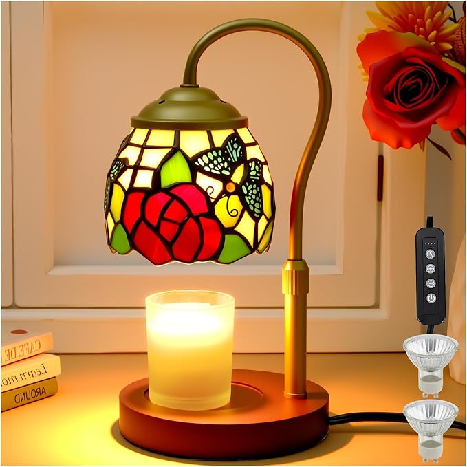 Candle Warmer Lamp with Timer Dimmer, Butterfly Tiffany Style Stained Glass Candle Lamp Warmer, Adjustable Wax Melt Warmer with 2 Bulbs for Small Jar Candles Christmas Birthday Gifts for Women