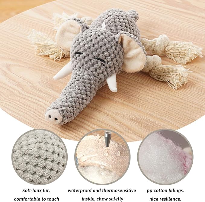 Plush Dog Toy, Squeaky Interactive Puppy Dog Toys with Crinkle Paper, Durable Chew Toys for Small and Medium Dogs with Mouse Shape(Medium, Elephant)