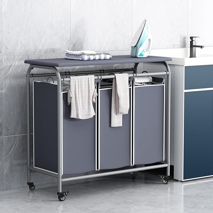 LINZINAR 3 Bag Laundry Basket Sorter Heavy Duty Rolling Lockable Wheels Laundry Hamper Cart with Ironing Board and Removable Bags, Grey