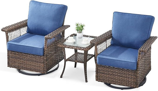 Outdoor Swivel Glider Chairs - 3 Pieces Hollow Widen Armrests Wicker Patio Furniture Set with Side Table, High Back Outside Swivel Rocker for Balcony Porch Deck and Yard - Brown/Blue