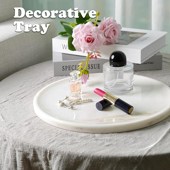 11.8inch Round Marble Serving Tray for Kitchen and Coffee Table, Bathroom Vanity Tray for Counter, White Decorative Catchall Tray for Jewelry, Namib Fantasy
