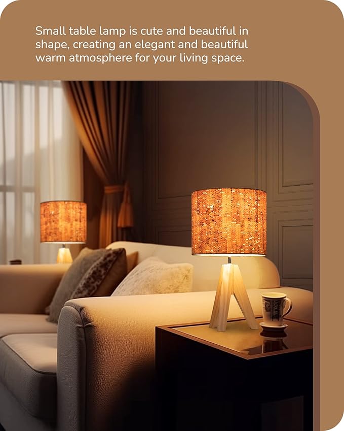 EDISHINE Small Table Lamp, Wooden Tripod Nightstand Lamp with Bark Linen Shade, Farmhouse Bedside Lamp for Nursery, Bedroom, Kids Room, Office, Reading Desk, 14.2 Inch, E26 Socket, ON/Off Switch