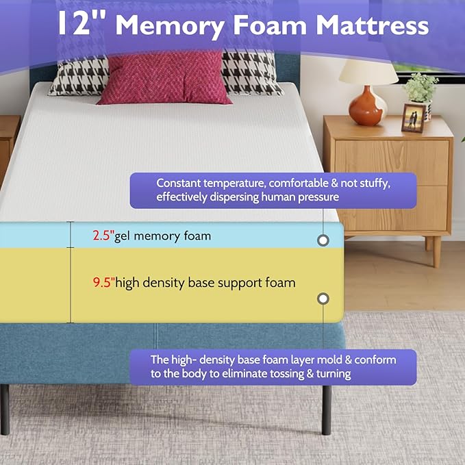 FDW | 12 Inch Twin XL Mattress | Medium Firm | Gel Memory Foam Mattress | White | Bed in a Box, CertiPUR-US Certified | Pressure Relief, Cooling Ventilated Foam | Washable Removable Cover