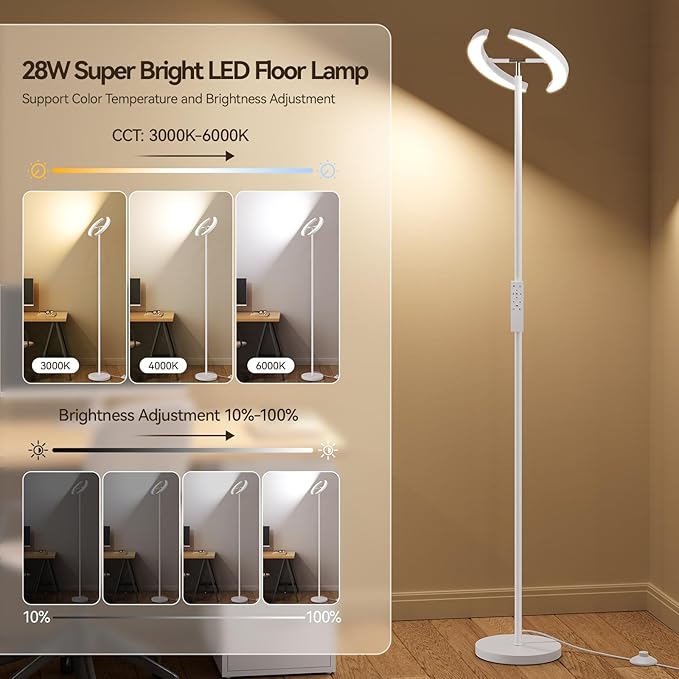 SUNMORY Floor Lamps for Living Room, 28W/1600LM Bright LED Floor Lamp with Remote & 2 Rotatable Lights, 74" Dimmable Tall Standing Lamp, Modern Reading Torchiere Corner Lamp for Bedroom Office, White
