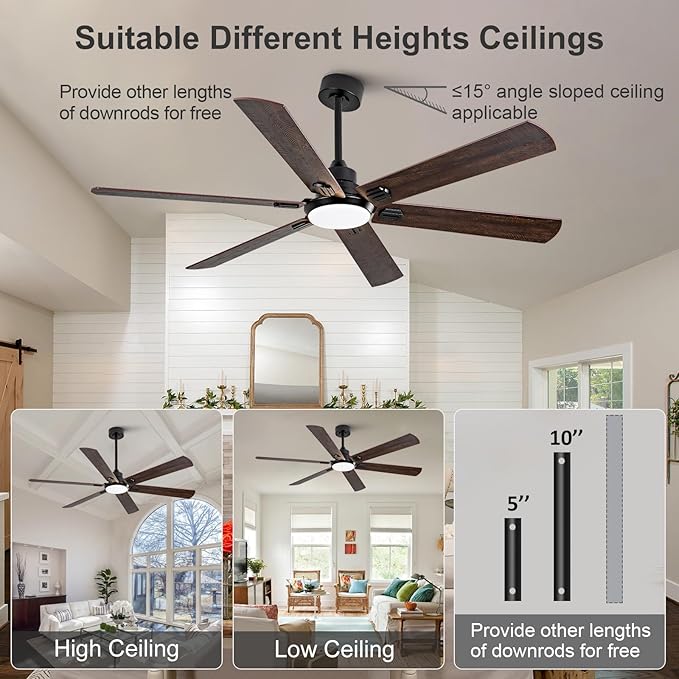 BOOMJOY 60 Inch Black Outdoor Ceiling Fans with Lights and Remote, Dimmable 6 Blade Large Outdoor Ceiling Fans for Patios, Black Ceiling Fan with Light for Bedroom Indoor Living Room